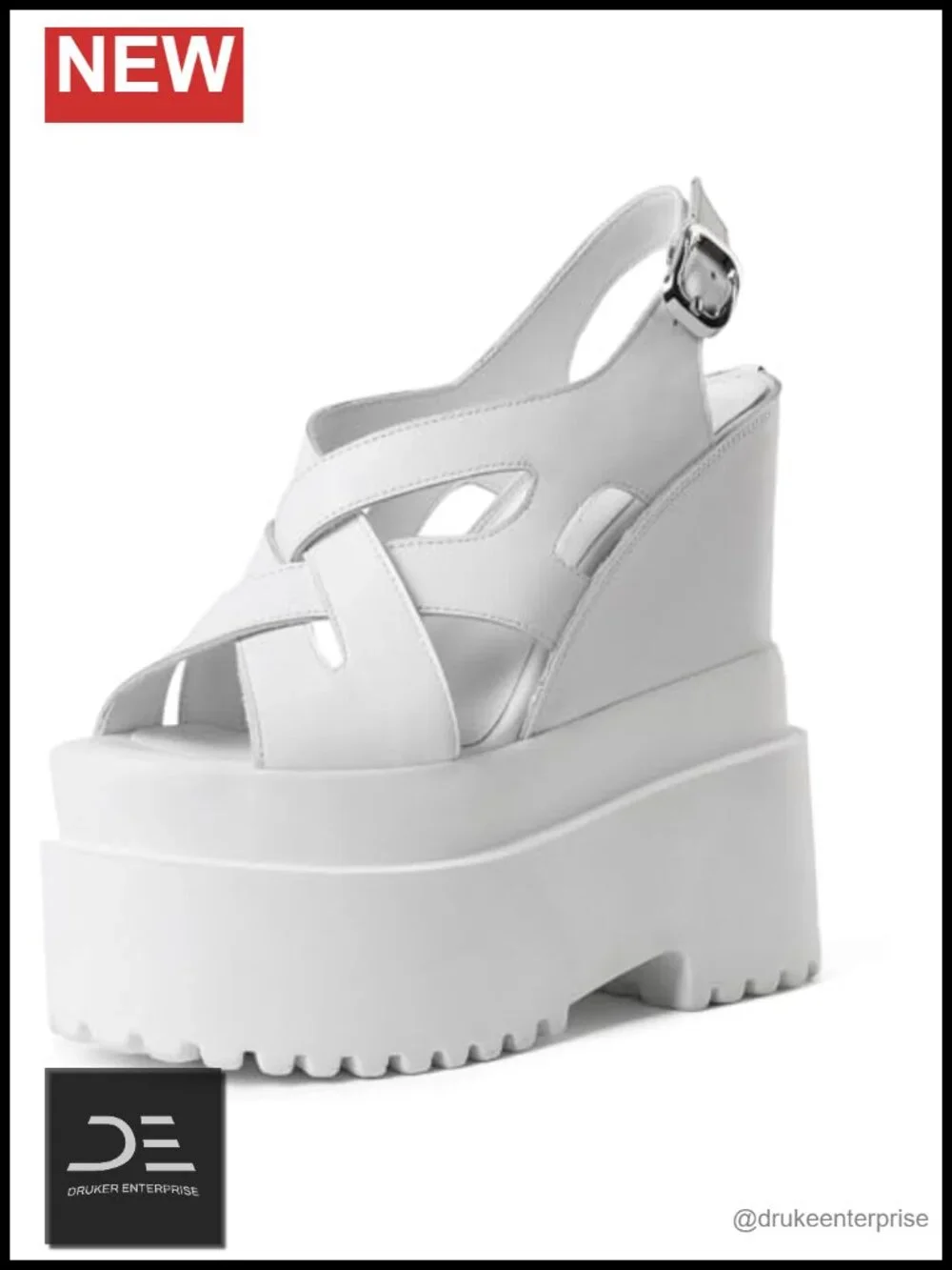Women Genuine Leather Red High Platform Wedge Heels Peep Toe Cross-tied Buckle